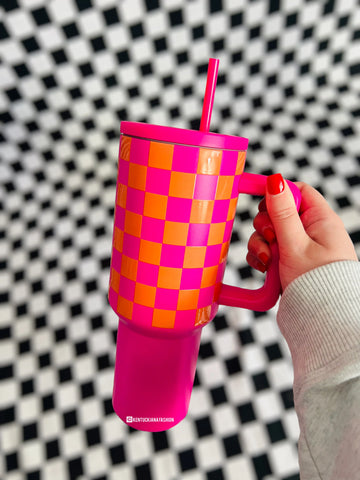 40oz Hot pink checkered tumbler